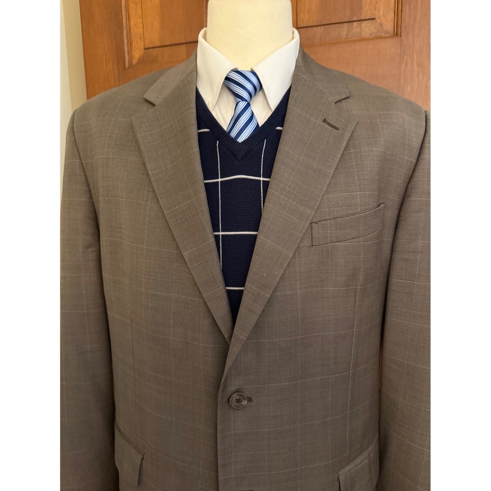 Chaps Windowpane Sport Coat‎ Mens 46L Brown Wool Two-Button Blazer Jacket